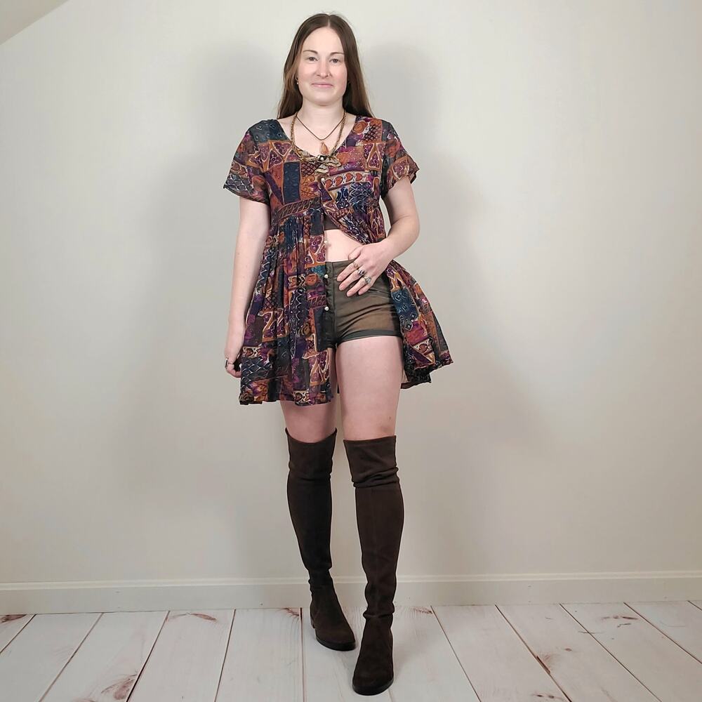 Vintage 80s 90s Patchwork Floral Geo Babydoll Top Multicolor S/M